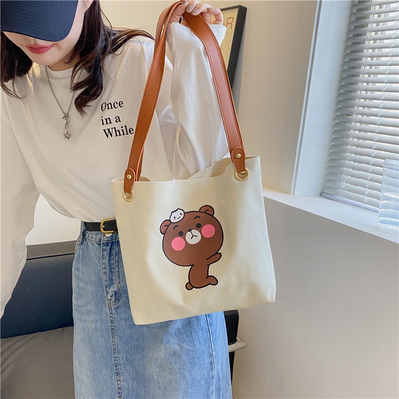 Túi đeo vai vải canvas sức chứa lớn họa tiết hoạt hình thời trang Hàn Quốc 2021