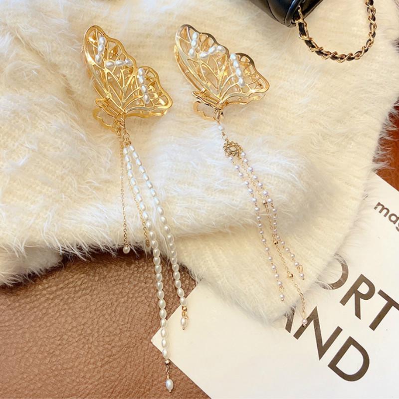 Kẹp Tóc Nữ Bằng Kim Loại Phối Hình Bướm Rỗng Đính Ngọc Trai Phong Cách Hàn Quốc