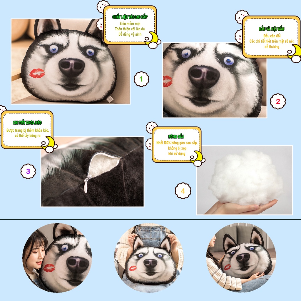 Gối ôm gấu bông chó Husky mặt ngáo BiBi - Thú Nhồi Bông - Đồ chơi sang trọng