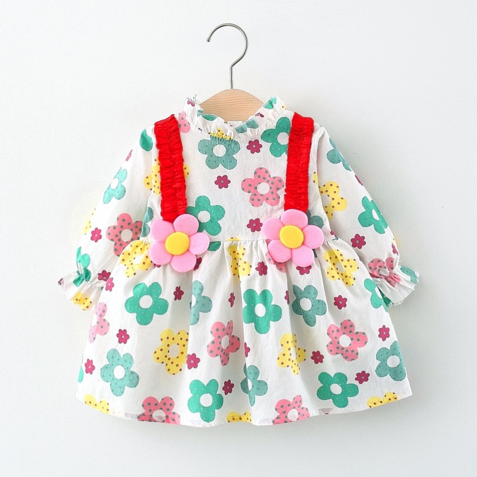 Đầm Hoa Bé Gái Dài Tay, Họa Tiết Qủa Chery, Phom Xòe, Chất Cotton Thô