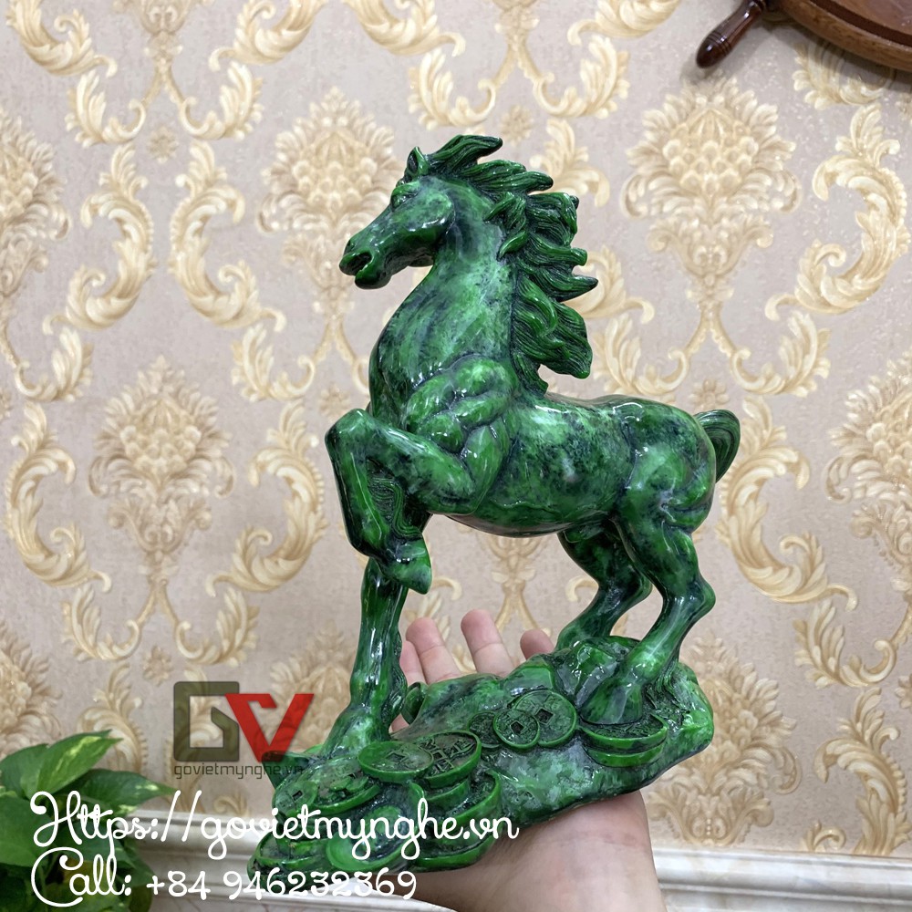 Tượng ngựa phong thủy để bàn làm việc mang may măn tài lộc - Màu Xanh Lục Bích - Cao 24cm