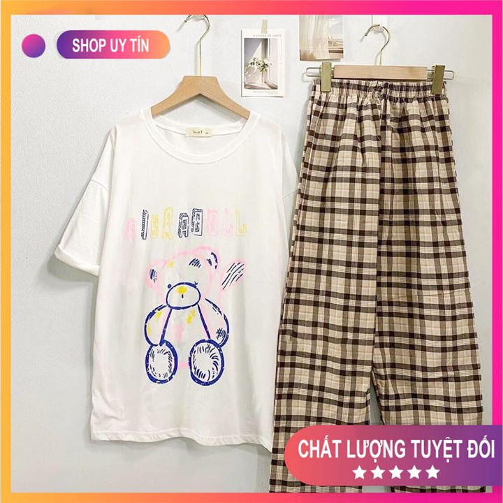[Mã FADI5K245 giảm 5K đơn 0đ] Set Đồ Nữ 💧Combo Quần Áo💧 ÁO PHÔNG COTTON GẤU BBR MIX QUẦN KẺ CARO DÀI Mã SET04 | BigBuy360 - bigbuy360.vn