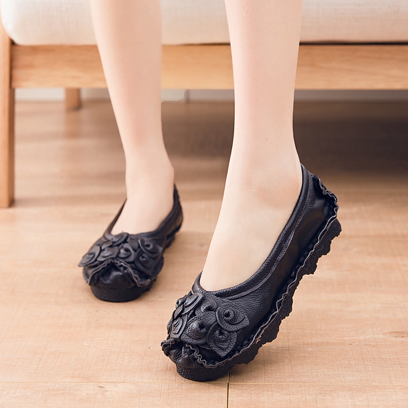 Giày Búp Bê Da Đế Bằng Mềm Mại Họa Tiết Hoa Phong Cách Dân Tộc retro Thời Trang Xuân Thu