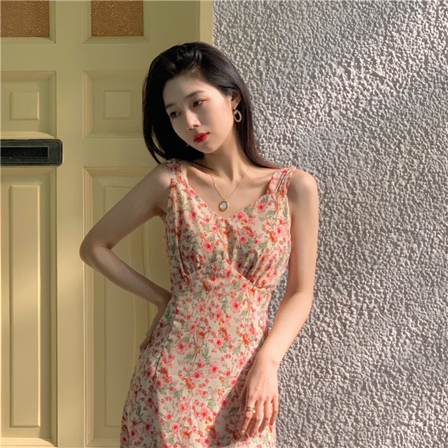 Đầm maxi hoa đuôi cá hai dây xẻ tà (CÓ SẴN) | BigBuy360 - bigbuy360.vn