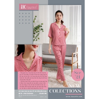 Bộ đồ mặc nhà IK, set đồ lụa ngủ pyjama mặc nhà dáng áo cộc quần dài họa tiết hình thoi đơn giản bắt mắt, màu tôn da