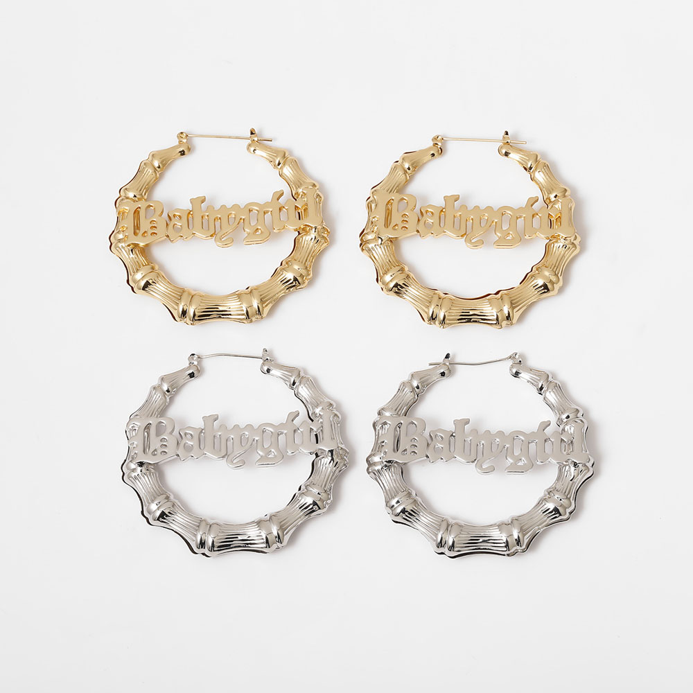 Khuyên tai vòng tròn thiết kế đốt tre họa tiết chữ đơn giản thời trang