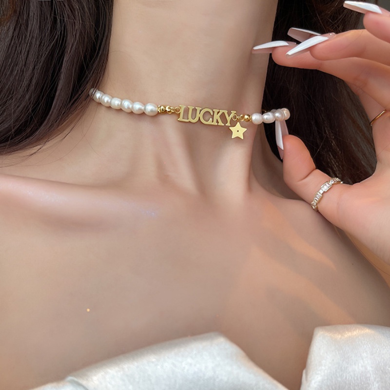 Dây Chuyền Bằng Thép Titan Mặt Ngôi Sao Chữ Đính Ngọc Trai Thời Trang Thanh Lịch Dành Cho Nữ