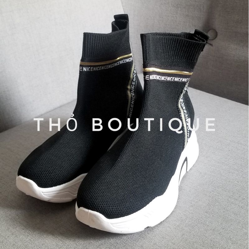 Giày thể thao NICE len thun cổ cao đen sọc chữ đế 3cm size 35, 36
