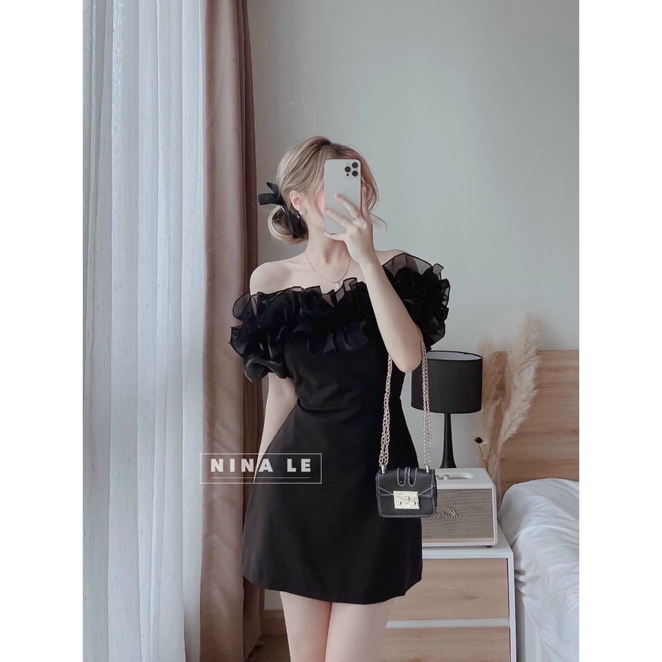 Đầm trễ vai nữ nhún bèo sành điệu chất vải umi có mút