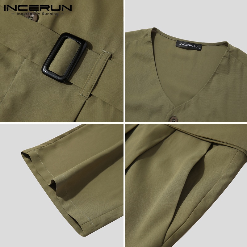 Bộ áo liền quần INCERUN dành cho nam thiết kế cổ chữ V không tay dáng rộng trơn màu phong cách đường phố