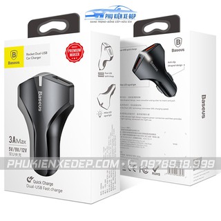 Tẩu sạc ô tô ⚡CAO CẤP⚡ Baseus chia 2 USB sạc nhanh 3A - Hàng chính hãng bảo hành 01 năm
