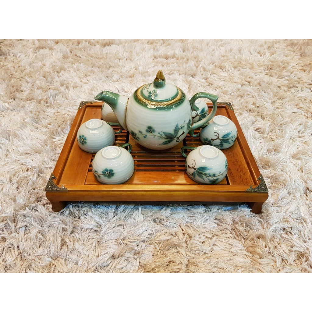 COMBO Bộ Ấm Chén MEN VẼ + KHAY GỖ BỌC ĐỒNG