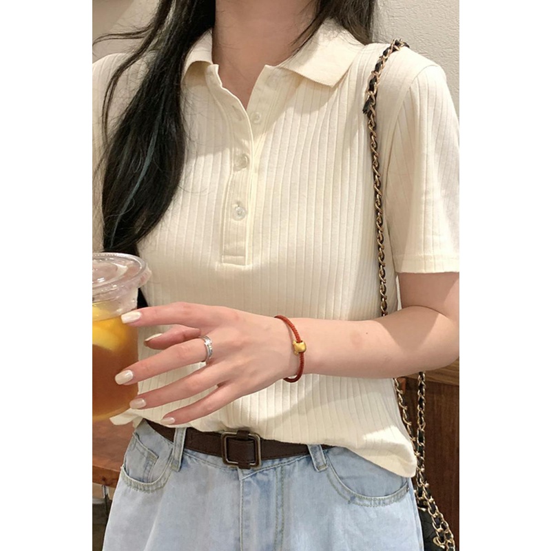 QKOOLE Áo thun nữ  ngắn tay cổ bẻ phong cách Hàn Quốc