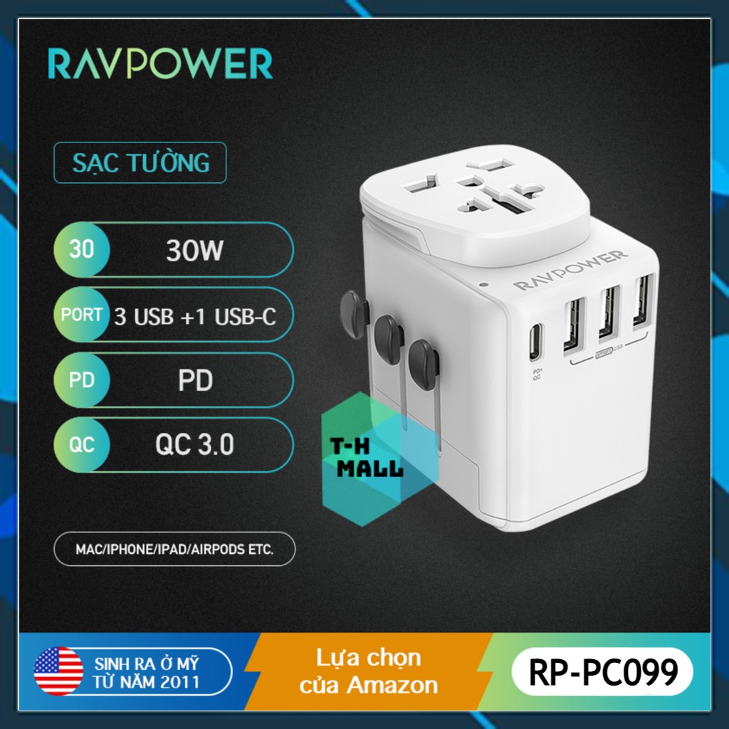 Bộ sạc du lịch RAVPower Sạc nhanh 30W Nhỏ gọn và kiểu dáng đẹp 3 cổng USB +1 USB-C RP-PC099