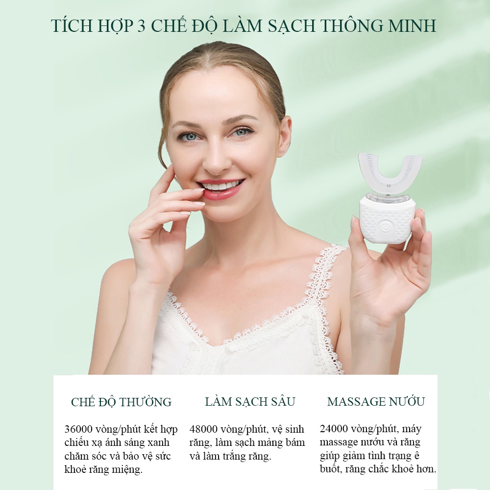 Bàn chải đánh răng điện tự động hình chữ U thế hệ mới, rung siêu âm 360 độ làm trắng răng và loại bỏ hoàn toàn mảng bám.
