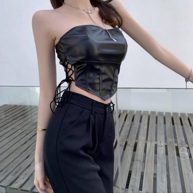Áo ống kiểu croptop cúp ngực da pu hở lưng - Order taobao quảng châu
