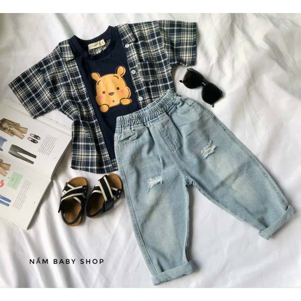 set áo thun phối somi + quần jean dài rách gối