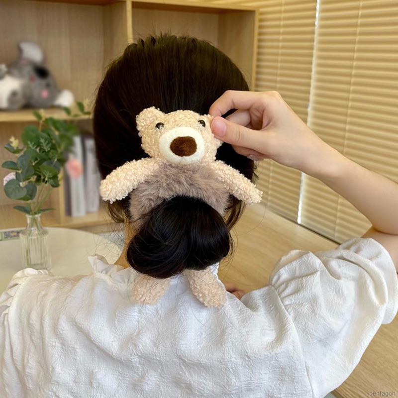 Dây Cột Tóc Cao Su Co Giãn Phối Lông Hình Gấu Dễ Thương Phong Cách Hàn Quốc Cho Nữ