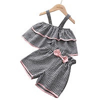Set trang phục BEAR LEADER 2 món Áo sọc caro và Quần ngắn phối nơ thời trang hè 2022 cho bé gái