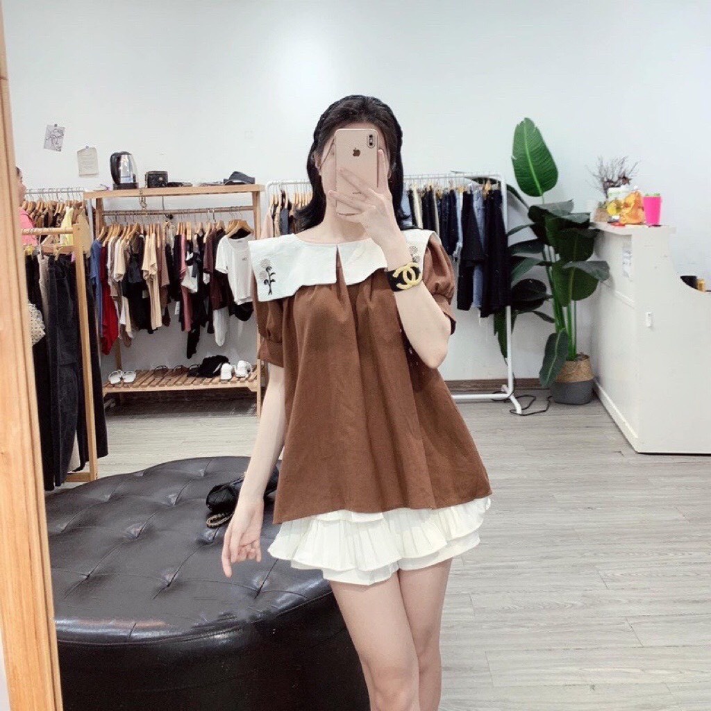 Áo Babydoll Nâu Cổ Thủy Thủ Thêu Hoa Trắng - Áo Nữ Babydoll Phối Màu Nâu Tây Cổ Bèo Trắng Vintage