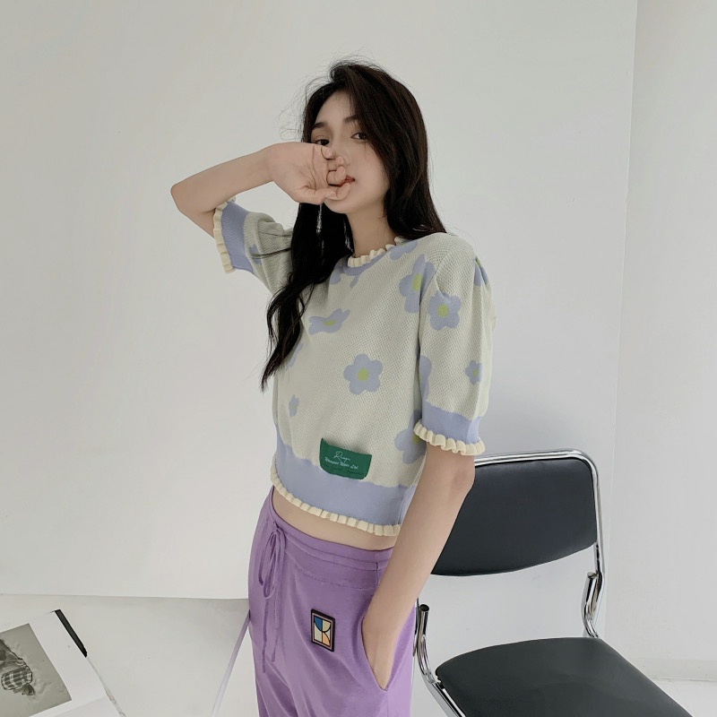 Áo thun nữ IHKKE tay ngắn in hoa thời trang Hàn Quốc