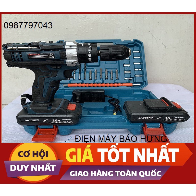 Máy Khoan pin 36v Bosch 3 Chức năng Có Búa Tặng Kèm Bộ Phụ Kiện 24 Chi Tiết