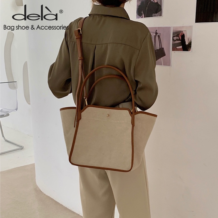 Dela Túi vải Phối Da Hai Màu Đeo Chéo Vai Đa Năng