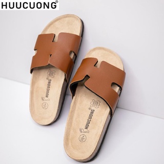 Dép unisex HuCuong kiểu H pu nâu đế trấu handmade