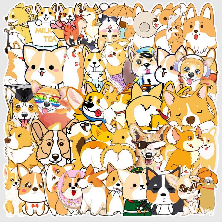 [Set 50 Cái] Bộ Sticker hình chó Corgi dễ thương dán trang trí laptop, mũ bảo hiểm, vali, xe tay ga, ván trượt - MP.053