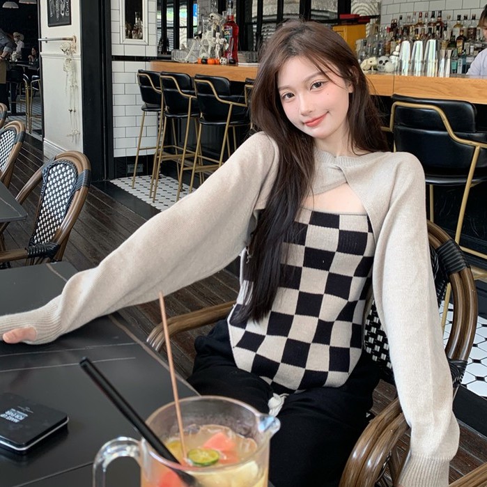 Set áo khoác và áo khoác tay dài họa tiết ca rô nhiều màu sắc thời trang dành cho nữ