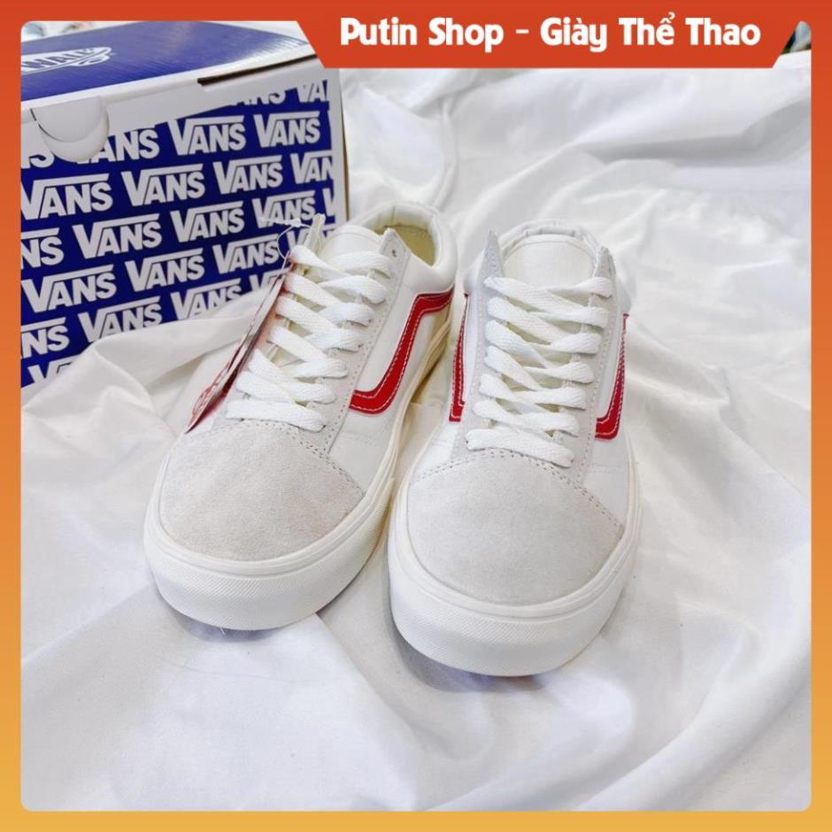 Giày Thể Thao Nam Nữ Van Trắng Da Lộn, Giầy Vans trắng sửa sọc đỏ tím than full bill box
