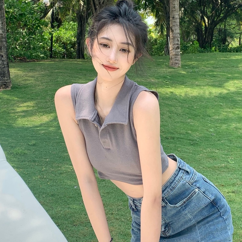 NUZIRO Áo lửng  cổ polo không tay thời trang mùa hè dành cho nữ