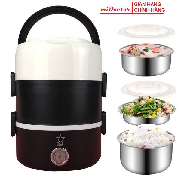 [Màu Đen] Bộ hộp cơm điện giữ nhiệt 3 tầng, ruột inox cao cấp miDoctor, cà men hâm nóng thức ăn + Tặng kèm túi giữ nhiệt