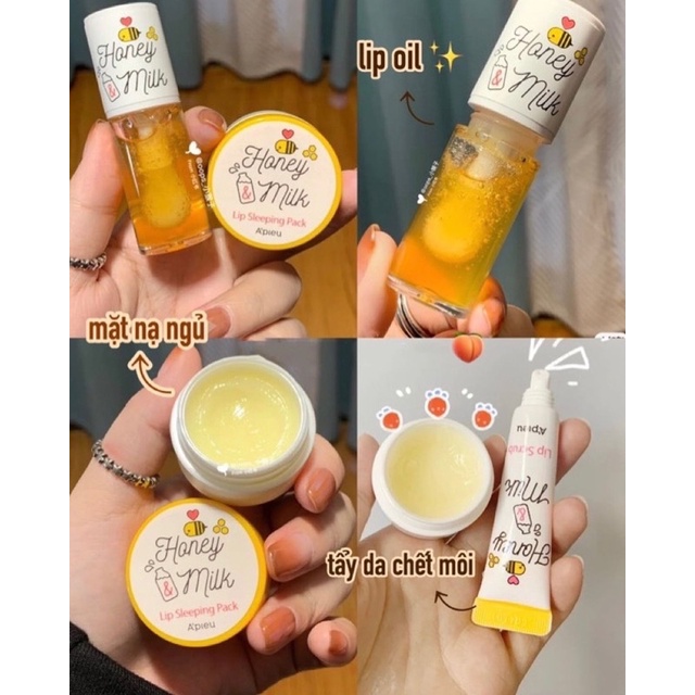 Bộ sản phẩm dưỡng môi Apieu Honey & Milk Lip oil/ Lip balm/ Lip scrub/ Lip sleeping mask