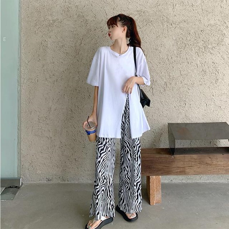 Fashionable Zebra Pattern with High Waist Female Long Pants Wide Tube