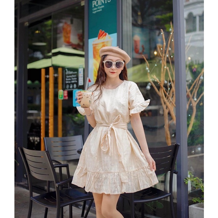 Đầm Trắng Xixi Dress chất liệu cotton thêu kèm lớp lót - váy trơn xinh tiểu thư kèm dây cột eo tay bèo xoè nhẹ