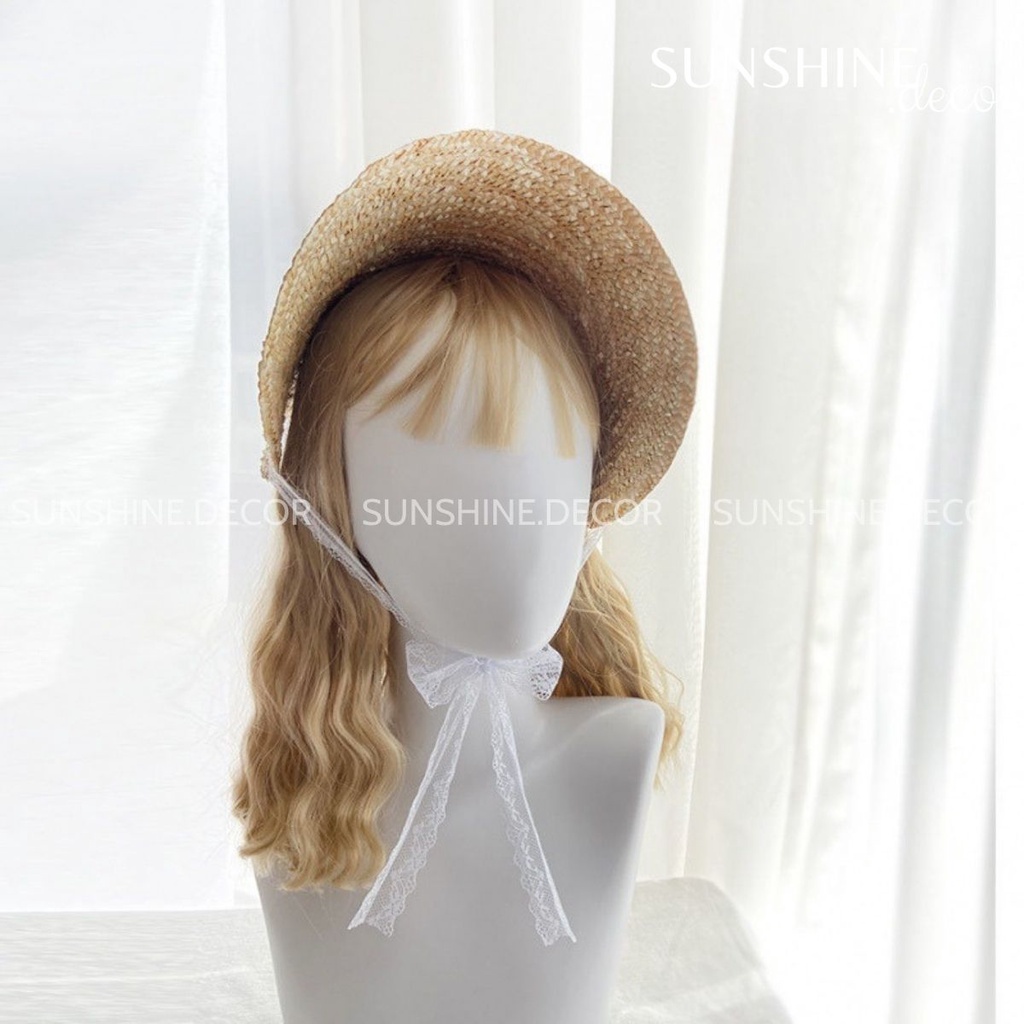 Mũ cói mũ rơm phong cách Lolita xinh xắn phụ kiện chụp ảnh du lịch, mũ đi biển dây ren
