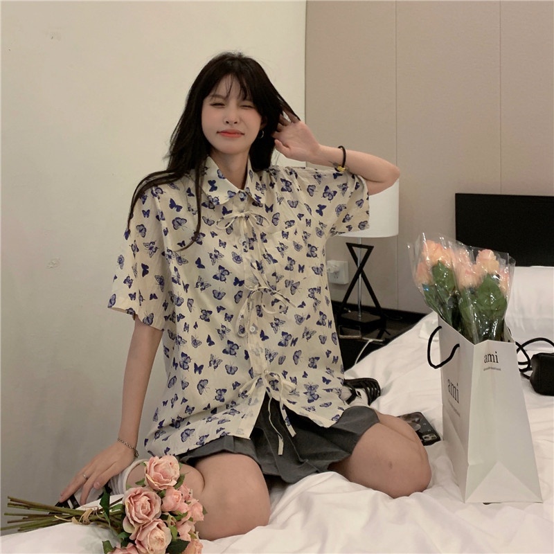 SUXI Áo Sơ Mi Tay Ngắn Dáng Rộng In Họa Tiết Bướm Phong Cách Cổ Điển Thời Trang Mùa Hè Cho Nữ