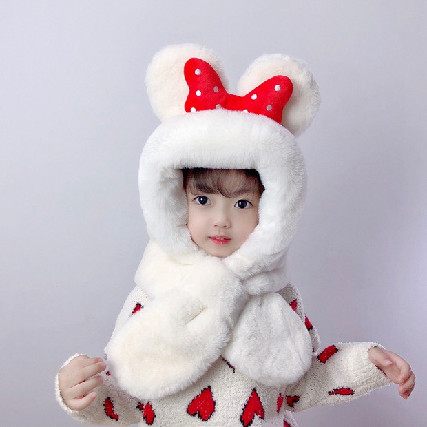Mũ trùm đầu, mũ len kèm khăn choàng cổ hình nơ cho bé yêu