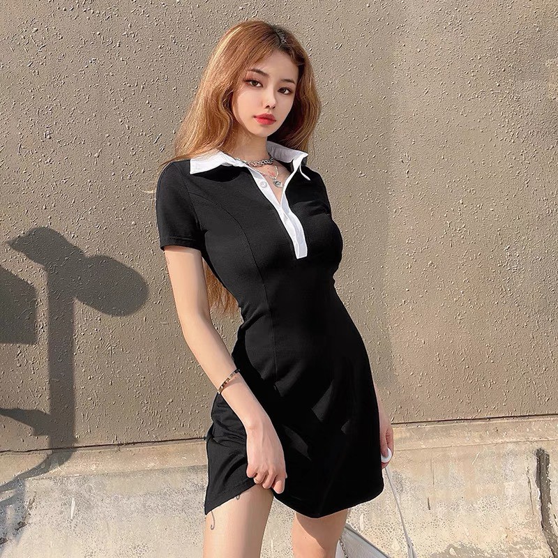 đầm polo ⚡Bán Lỗ⚡Đầm nữ cổ sơ mi dáng ôm body, thun cộc tay màu ĐEN Ulzzang [v07]