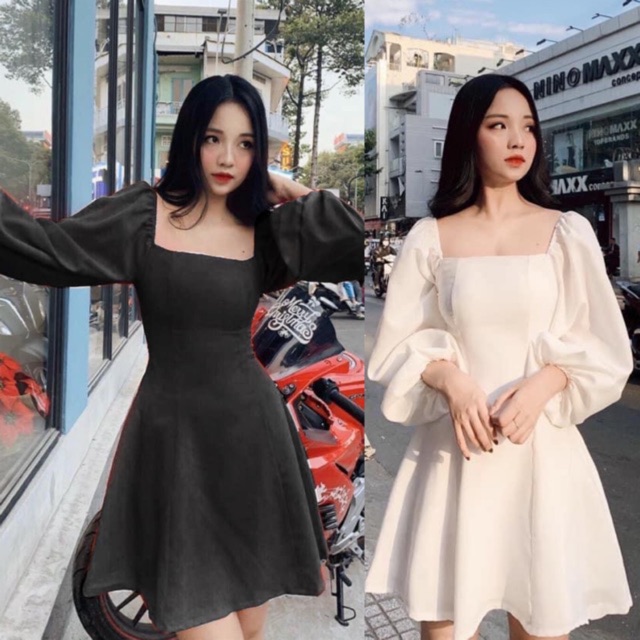 Đầm xoè cổ vuông tay phồng có lót