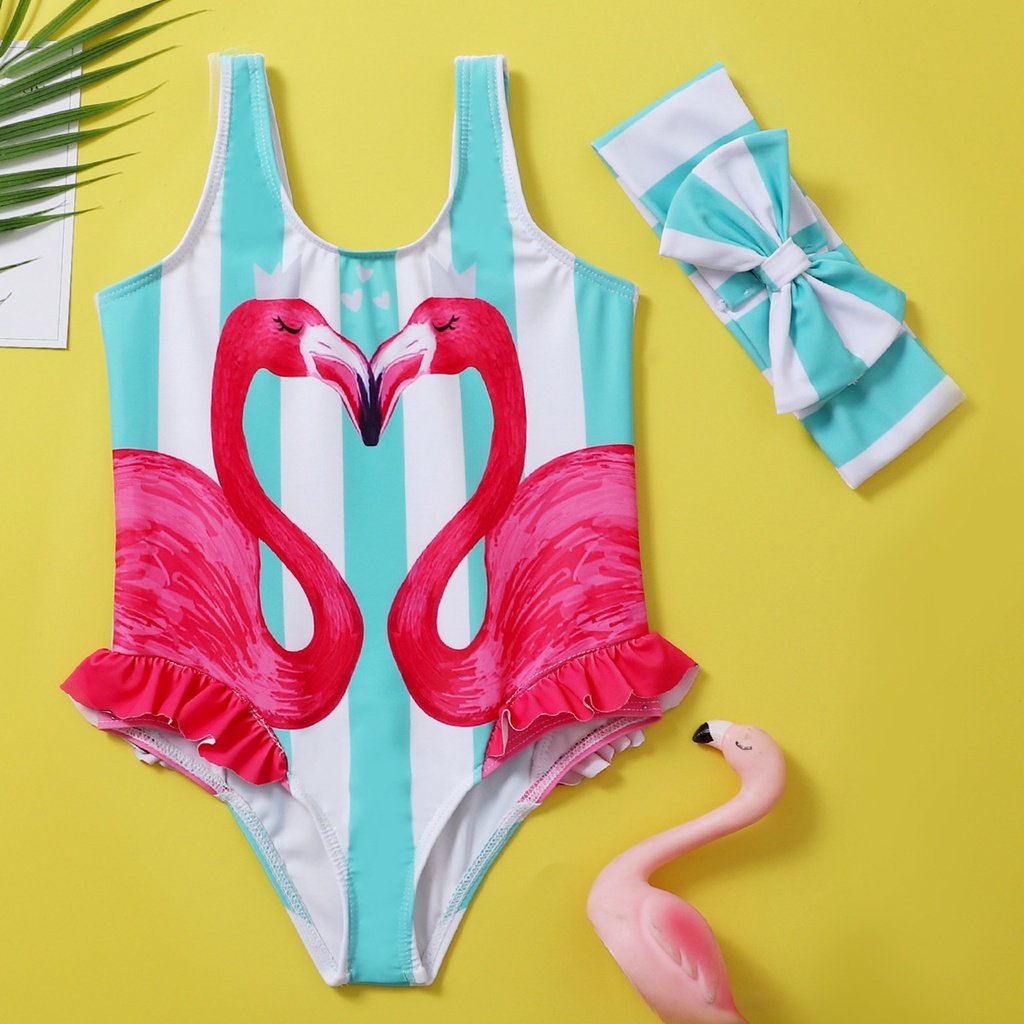 Bộ Đồ Bơi Một Mảnh Không Tay In Hình Chim Hồng Hạc Dễ Thương Dành Cho Bé Gái 2-8 Tuổi