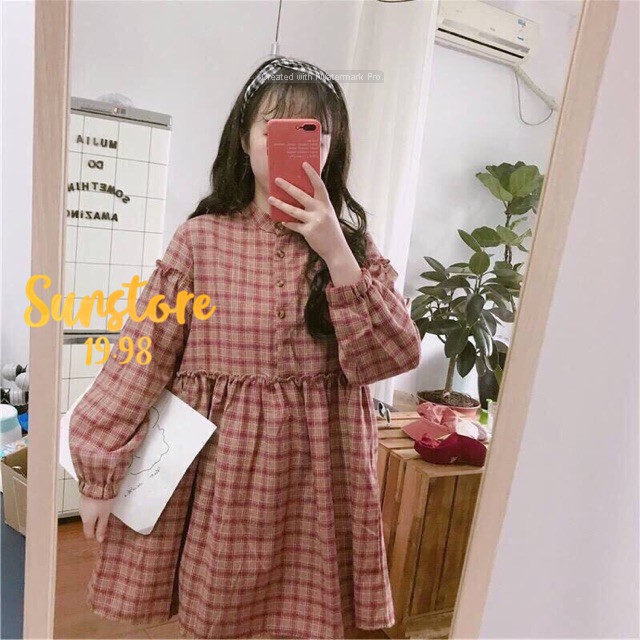 Đầm babydoll caro nữ tay phồng dài quảng châu ulzzang | BigBuy360 - bigbuy360.vn