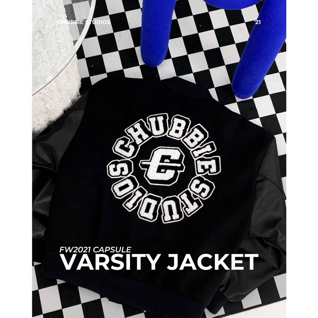 ÁO VARSITY JACKET CHUBBIE chất liệu dạ dày dặn phối tay da, hình thêu xù - CHUBBIE VARSITY JACKET