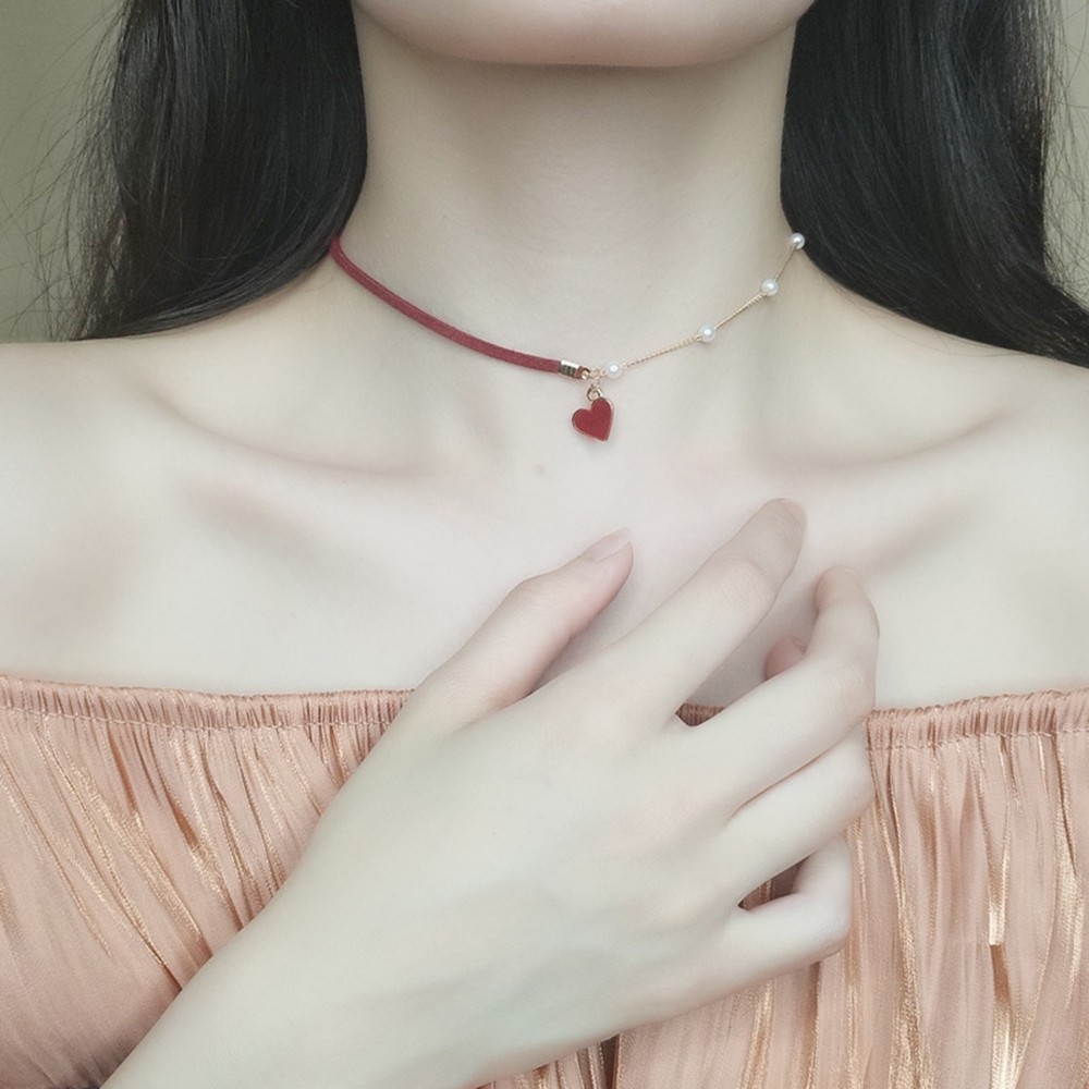 Vòng cổ choker mặt trái tim đính ngọc trai giả nhiều màu sắc 86
