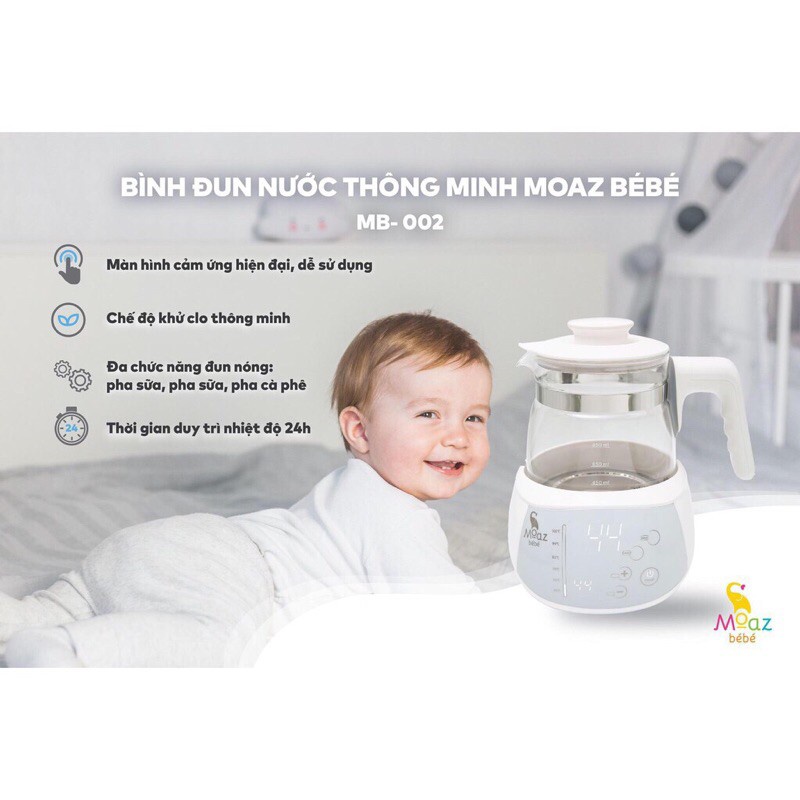 Bình đun nước pha sữa BECON moaz bebe MB002, giữ nhiệt 24h, khử clo, pha sữa, pha trà, pha cafe