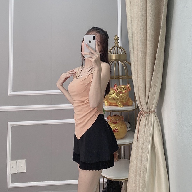 Áo kiểu nữ đẹp thun croptop 2 dây phối dây xích có mút ngực tà nhọn phong cách Hàn Quốc