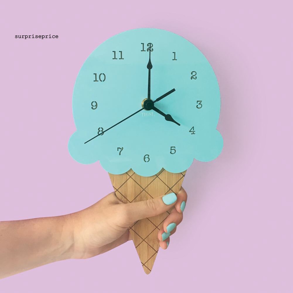 Đồng hồ treo tường bằng gỗ hình kem ốc quế thiết kế sáng tạo dễ thương