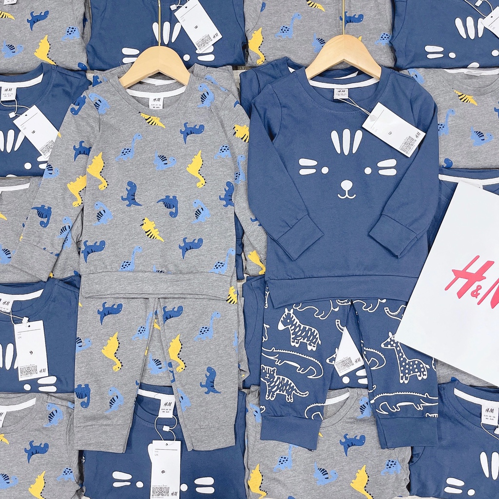 Set 2 bộ H.M khủng long cotton dày co giãn mềm đẹp cho bé trai từ 18m-6Y