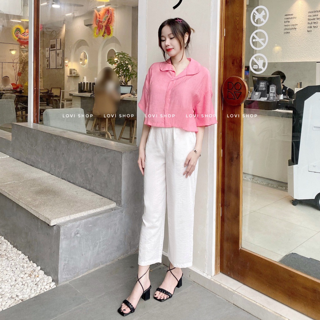 LOVI SHOP Áo sơ mi nữ croptop tay ngắn cổ lá sen form rộng basic
